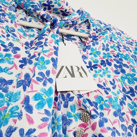 Zara Blue & Purple Floral Printed Long Sleeve Top Bow Neck Tie Size Medium - Picture 6 of 8